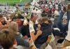 Fans are EJECTED from England’s Rugby World Cup quarter-final victory over Fiji after furious brawl in the stands involving a group of supporters dressed as Napoleon… with one victim FLUNG head-first into female spectators below