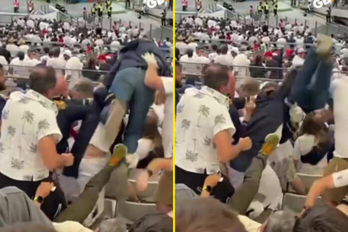 Fan thrown down rows of stands in shocking fight during England’s Rugby World Cup win over Fiji