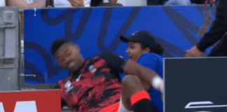Rugby World Cup ball girl sees funny side of being clattered into by Fiji star Ilaisa Droasese