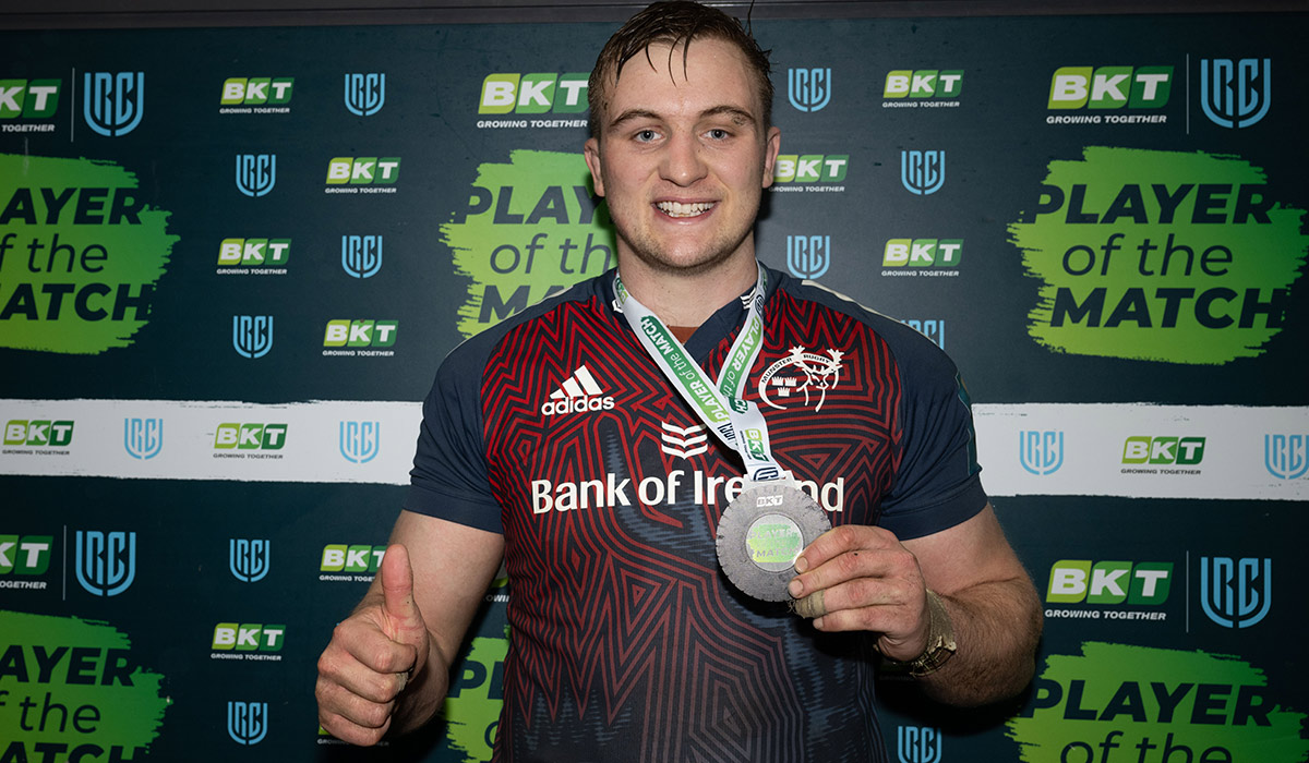 BKT United Rugby Championship, Parc y Scarlets, Llanelli, Wales 16/2/2024 Scarlets vs Munster Gavin Coombes of Munster Rugby is awarded player of the match. Pic: INPHO/Ashley Crowden