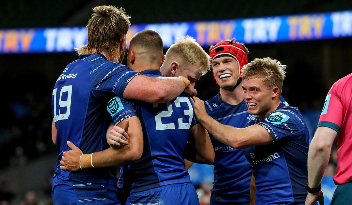 BKT United Rugby Championship, Aviva Stadium, Dublin 27/9/2024 Leinster vs Dragons Leinster's Aitzol King celebrates after scoring his teams sixth try with Joe McCarthy, Josh Van der Flier and Fintan Gunne. Pic: INPHO/Ben Brady