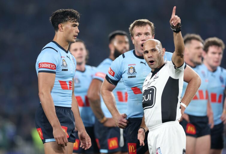 SYDNEY, AUSTRALIA - JUNE 05: Joseph-Aukuso Sua'ali'i of the Blues is sent off by referee Ashley Klein during game one of the 2024 Men's State of Origin Series between New South Wales Blues and Queensland Maroons at Accor Stadium on June 05, 2024 in Sydney, Australia. (Photo by Cameron Spencer/Getty Images)