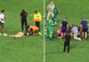 Dramatic moment pitch invader is KNOCKED OUT by security during rugby match - but wakes up and asks for his beer