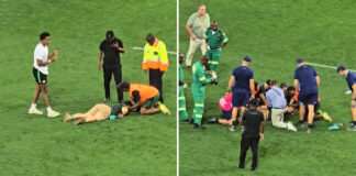 Dramatic moment pitch invader is KNOCKED OUT by security during rugby match - but wakes up and asks for his beer