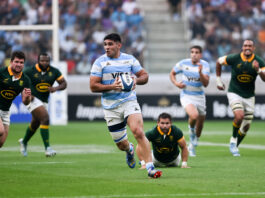 Argentina's Joaquín Oviedo runs with the ball during his side's Rugby Championship 2024 victory over South Africa in Santiago del Estero.