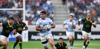 Argentina's Joaquín Oviedo runs with the ball during his side's Rugby Championship 2024 victory over South Africa in Santiago del Estero.