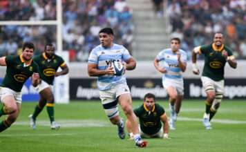 Argentina's Joaquín Oviedo runs with the ball during his side's Rugby Championship 2024 victory over South Africa in Santiago del Estero.