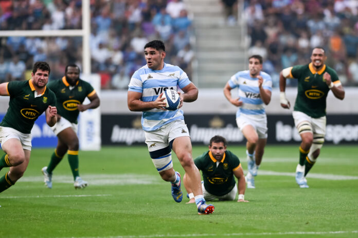 Argentina's Joaquín Oviedo runs with the ball during his side's Rugby Championship 2024 victory over South Africa in Santiago del Estero.