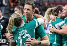 Ireland head coach Scott Bemand celebrates Ireland's thrilling win over New Zealand with centre Aoife Dalton