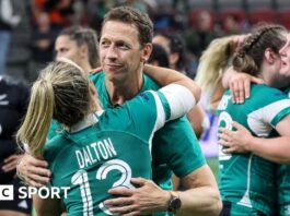 Ireland head coach Scott Bemand celebrates Ireland's thrilling win over New Zealand with centre Aoife Dalton