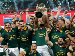 Siya Kolisi lifts the Rugby Championship trophy