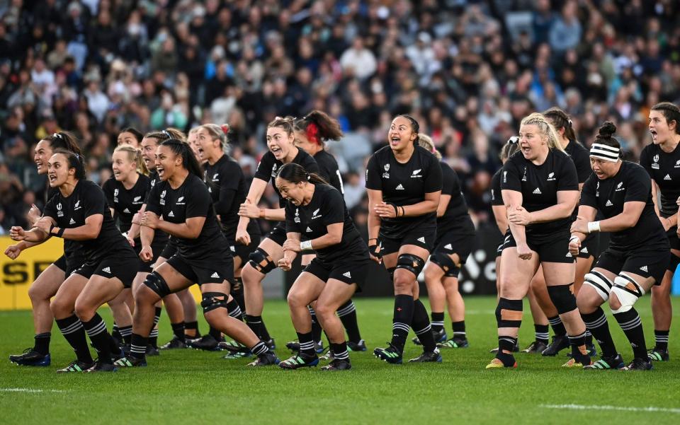 The New Zealand Black Ferns perform a haka before a 2022 Women's Rugby World Cup game