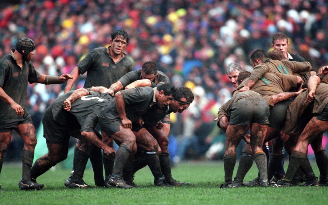 All Black scrum in action, All Blacks v Australia. Bledisloe Cup, International rugby union test match, Athletic Park, Wellington, New Zealand. 6 July 1996. © Copyright Photo: Andrew Cornaga / www.photosport.nz