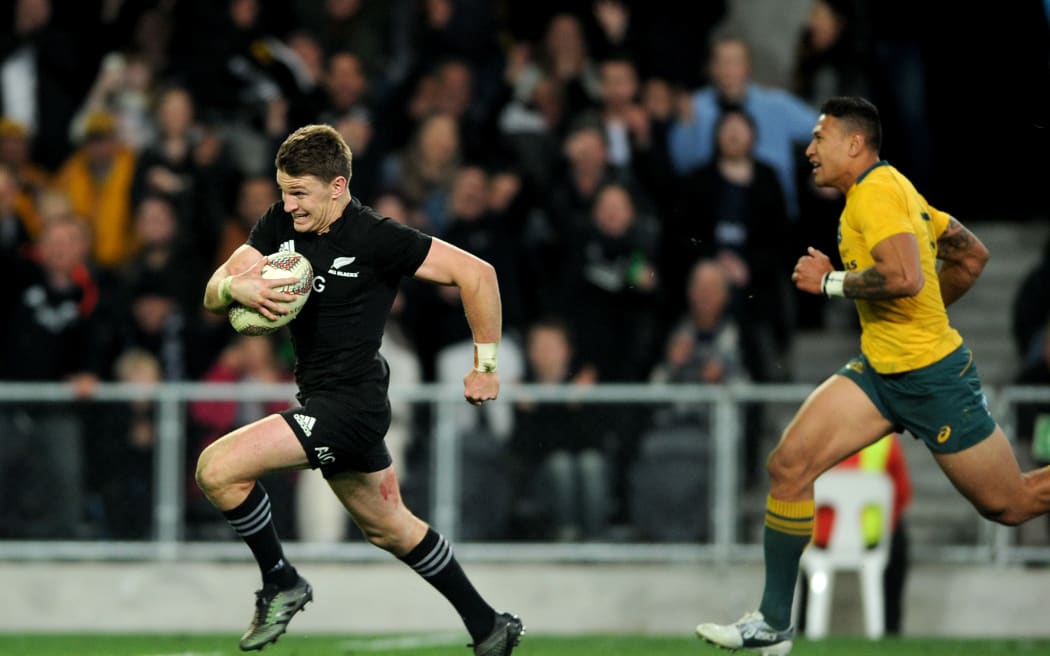 Beauden Barrett is try bound at Forsyth Barr in 2017.