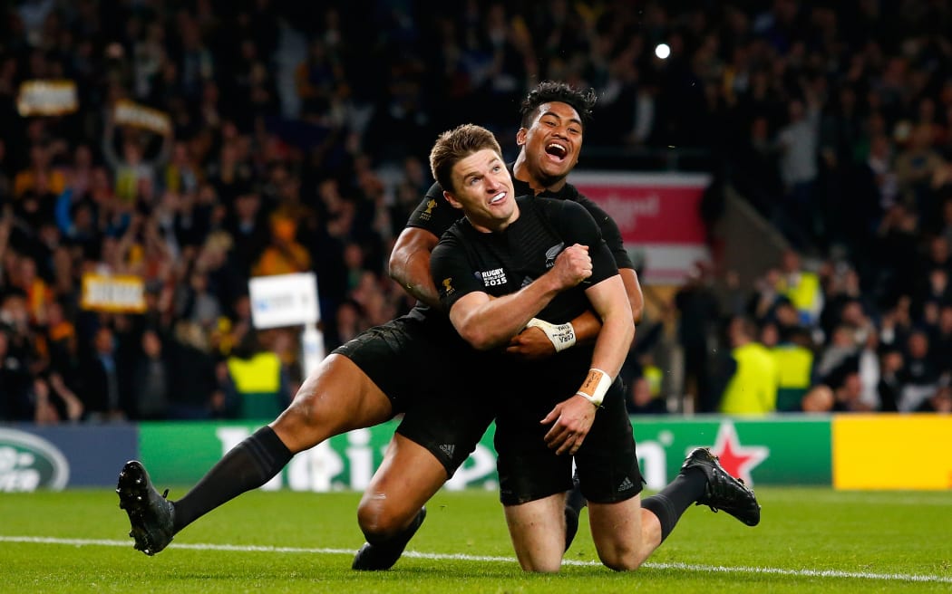 New Zealand's Beauden Barrett celebrates his try with team mate Julian Savea in the 2015 Rugby World Cup Final.