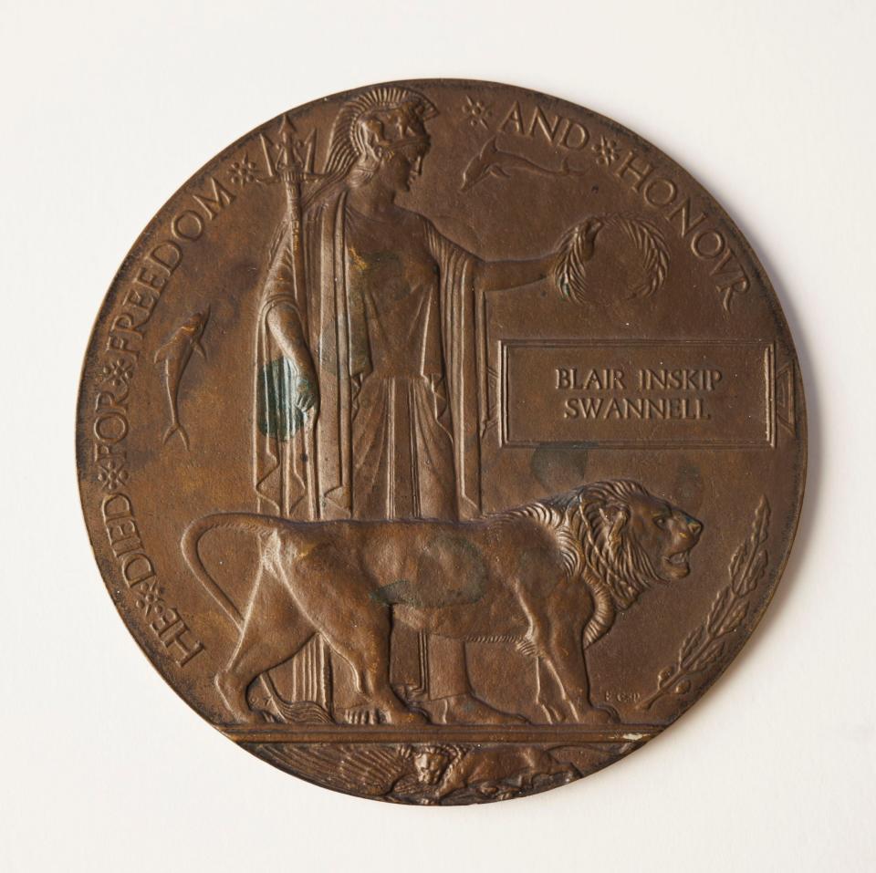 The Dead Man's Penny awarded to the family of Blair Swannell following his death in the line of duty at Gallipoli on 1915