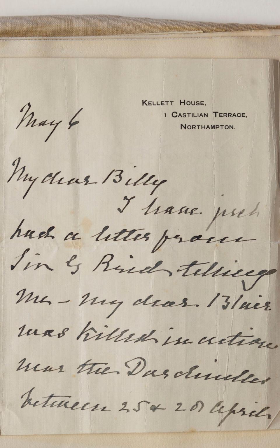 Handwritten letter, sent by the mother of Robert Swannell's great uncle, informing Blair's brother Billy of his sibling's death