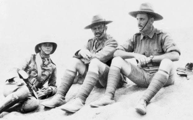 Informal group portrait of three 1st Battalion officers at their camp outside Cairo. Identified left to right: Captain Albert George McGuire, who later died of wounds in Egypt on May 7 1915, age 23; Major Blair Inskip Swannell, who was killed during the landing at Anzac Cove on April 25 1915; Lieutenant Alfred John Shout (later Captain, MC and VC), who died at sea on August 11 1915 of wounds sustained at Lone Pine