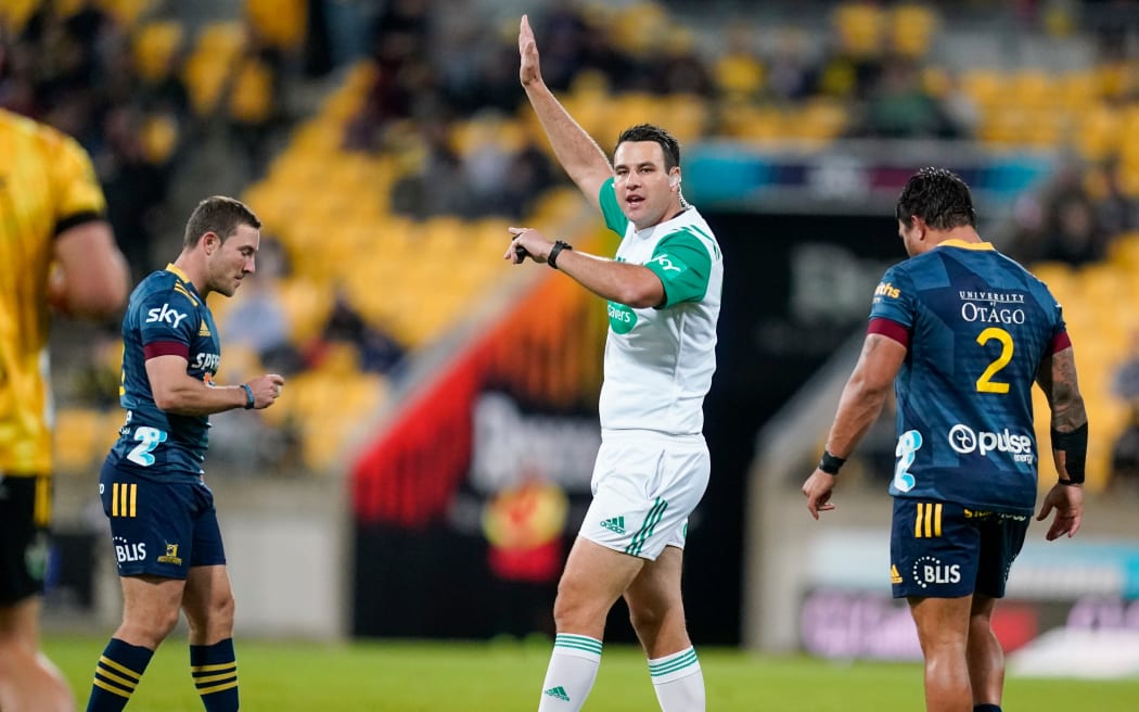 Referee Ben O’Keefe.  Hurricanes v Highlanders, Super Rugby, Sky Stadium, Wellington New Zealand, Friday 30 April 2021. Copyright photo: John Cowpland / www.photosport.nz