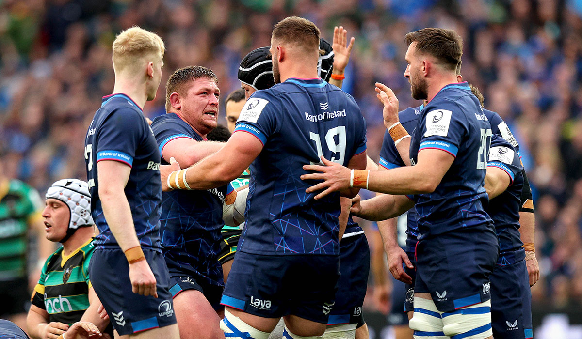 Investec Champions Cup Semi-Final, Croke Park, Dublin 4/5/2024 Leinster vs Northampton Saints Leinster’s Tadhg Furlong celebrates a turnover with Jason Jenkins. Pic: INPHO/Ryan Byrne