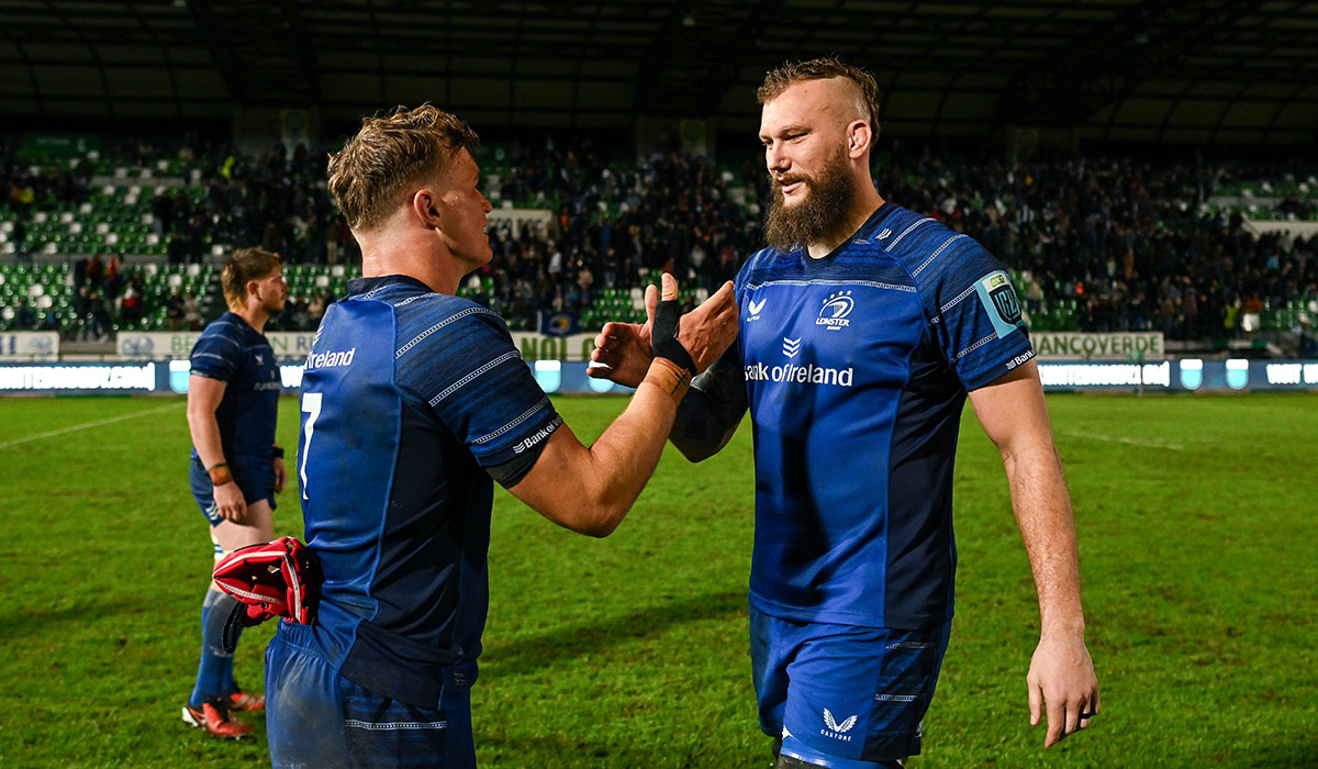 Josh van der Flier, left, and RG Snyman of Leinster celebrate after the United Rugby Championship match between Benetton and Leinster at Stadio Monigo in Treviso, Italy. Pic: Brendan Moran/Sportsfile