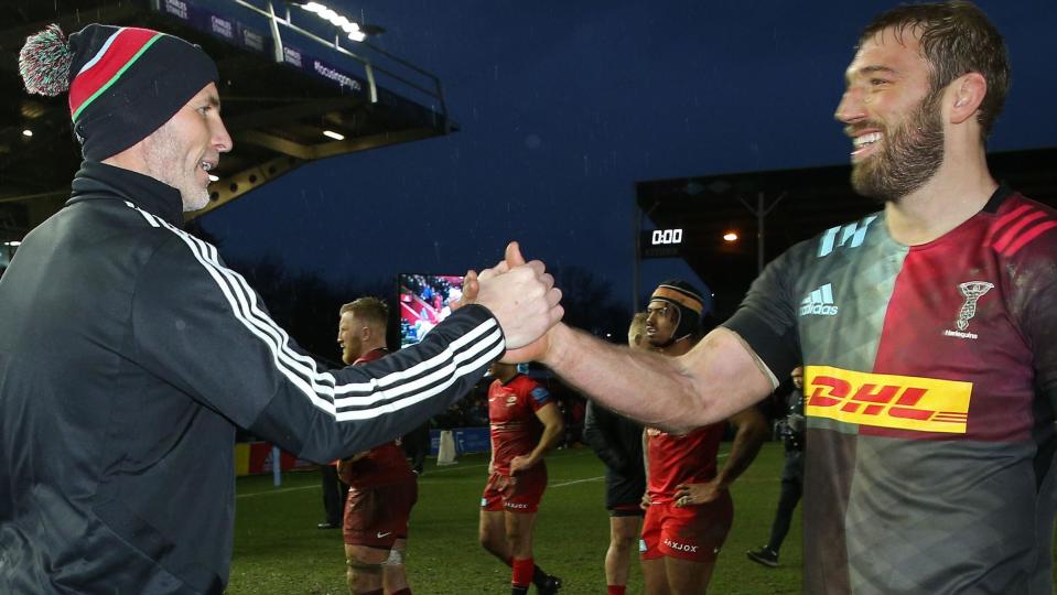 Chris Robshaw of Harlequins celebrates with Paul Gustard after their win over Saracens in January 2020