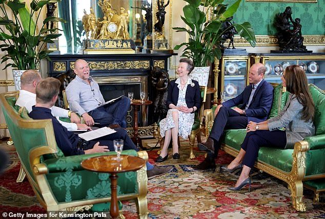 Co-hosts of the Good, the Bad and the Rugby Alex Payne, James Haskell and Mike Tindall sit in the Green Drawing Room at Windsor Castle with Princess Anne and the Prince and Princess of Wales in September 2023