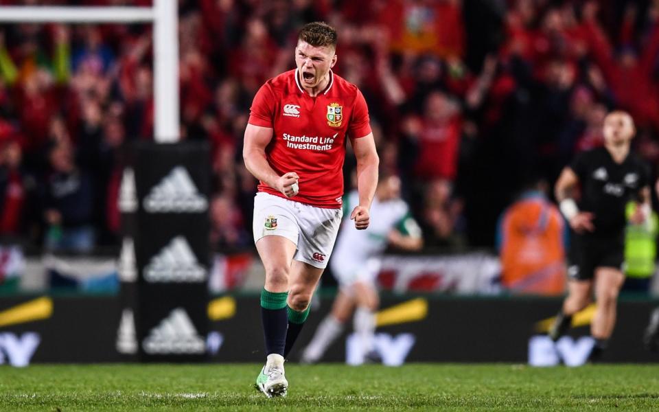 Owen Farrell celebrates after kicking a penalty during the third Test between New Zealand and the Lions in 2017