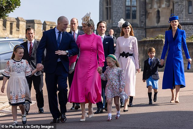 Mike walking with Zara and their two daughters, Mia and Lena, to an Easter Sunday church service in 2023. Behind them, Prince William and Princess Kate walk with their family as well as Princess Eugenie and her husband