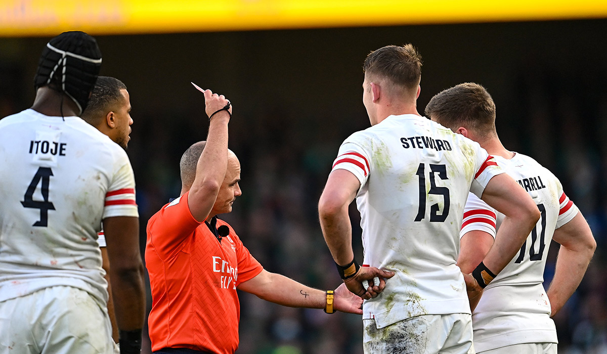 Freddie Steward is shown a red card by referee Jaco Peyper during the Six Nations Rugby Championship match between Ireland and England. Pic: Ramsey Cardy/Sportsfile