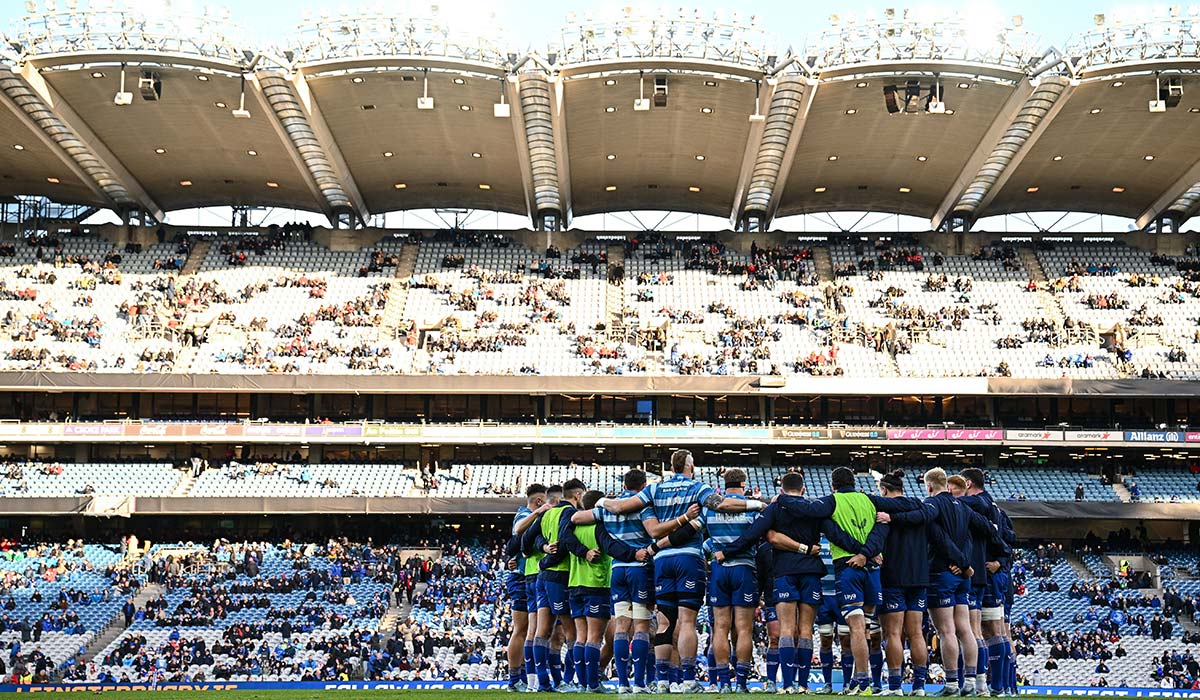 Leinster players before the United Rugby Championship match against Munster at Croke Park in Dublin. Pic: Seb Daly/Sportsfile