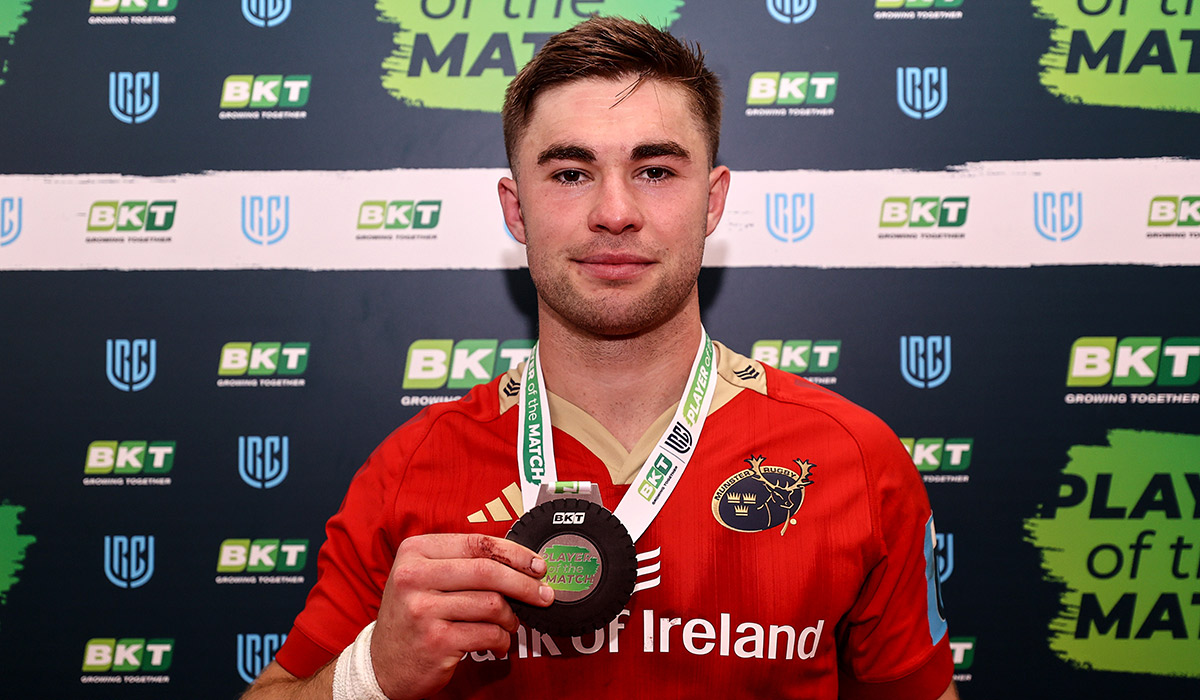 BKT United Rugby Championship Quarter-Final, Thomond Park, Limerick 7/6/2024 Munster vs Ospreys Munster's Jack Crowley with the BKT United Rugby Championship Player of the Match medal. Pic: INPHO/Ben Brady