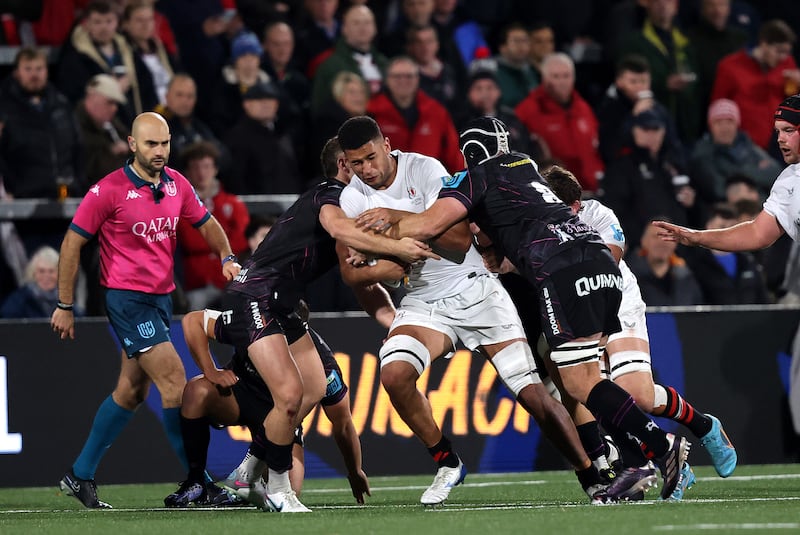 Ulster's Cormac Izuchukwu is tackled by Morgan Morris of Ospreys at Kingspan Stadium, Belfast, on October 18th, 2024. Photograph: Bryan Keane/Inpho