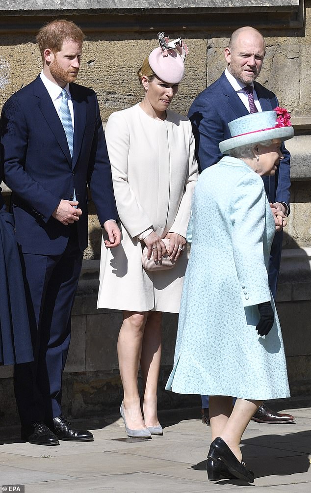 Prince Harry, Zara Tindall and Mike Tindall are pictured at Windsor Castle in 2019