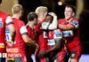 Gloucester's Christian Wade is congratulated by his teammates after scoring a try during the Gallagher Premiership match at Ashton Gate, Bristol.