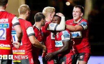 Gloucester's Christian Wade is congratulated by his teammates after scoring a try during the Gallagher Premiership match at Ashton Gate, Bristol.