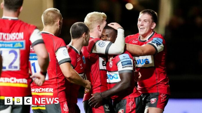 Gloucester's Christian Wade is congratulated by his teammates after scoring a try during the Gallagher Premiership match at Ashton Gate, Bristol.