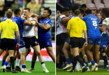 England rugby league clash with Samoa descends into huge brawl as BBC commentator says 'it's like Royal Rumble'