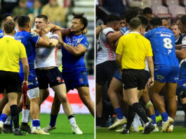 England rugby league clash with Samoa descends into huge brawl as BBC commentator says 'it's like Royal Rumble'
