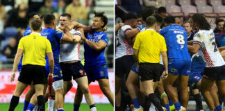 England rugby league clash with Samoa descends into huge brawl as BBC commentator says 'it's like Royal Rumble'