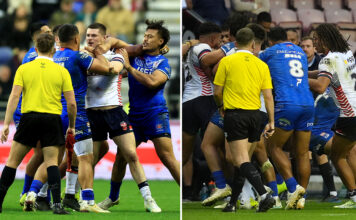 England rugby league clash with Samoa descends into huge brawl as BBC commentator says 'it's like Royal Rumble'