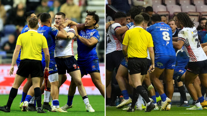 England rugby league clash with Samoa descends into huge brawl as BBC commentator says 'it's like Royal Rumble'