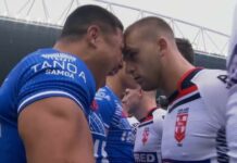 England rugby star butts heads with rival during 'feisty' Samoa Siva Tau dance