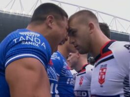 England rugby star butts heads with rival during 'feisty' Samoa Siva Tau dance