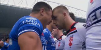 England rugby star butts heads with rival during 'feisty' Samoa Siva Tau dance