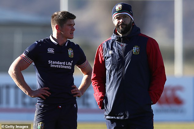 Farrell is seen as a contender to join the Lions squad Down Under, led by his father Andy (right)