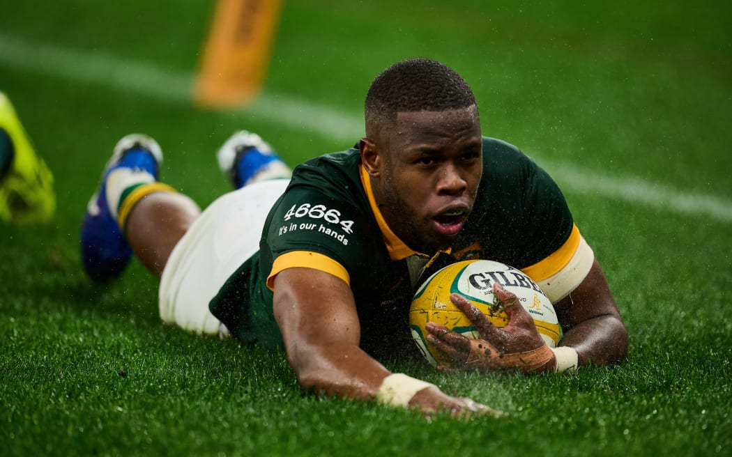 Aphelele Fassi of the Springboks (South Africa) during the 2024 Rugby Test Match between the Wallabies and Springboks at Optus Stadium, Perth Western Australia on the 17th August 2024.