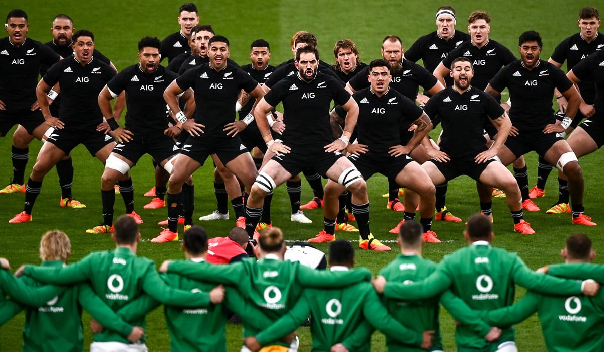 New Zealand players perform the 'haka' before the Autumn Nations Series match between Ireland and New Zealand at the Aviva Stadium in 2022. Pic: David Fitzgerald/Sportsfile