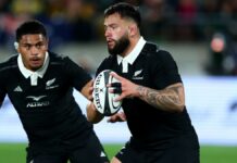 Tyrel Lomax of New Zealand charges forward during The Rugby Championship &amp; Bledisloe Cup match between New Zealand and Australia ahead of the All Blacks' Autumn International 2024 tour 