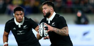 Tyrel Lomax of New Zealand charges forward during The Rugby Championship &amp; Bledisloe Cup match between New Zealand and Australia ahead of the All Blacks' Autumn International 2024 tour 